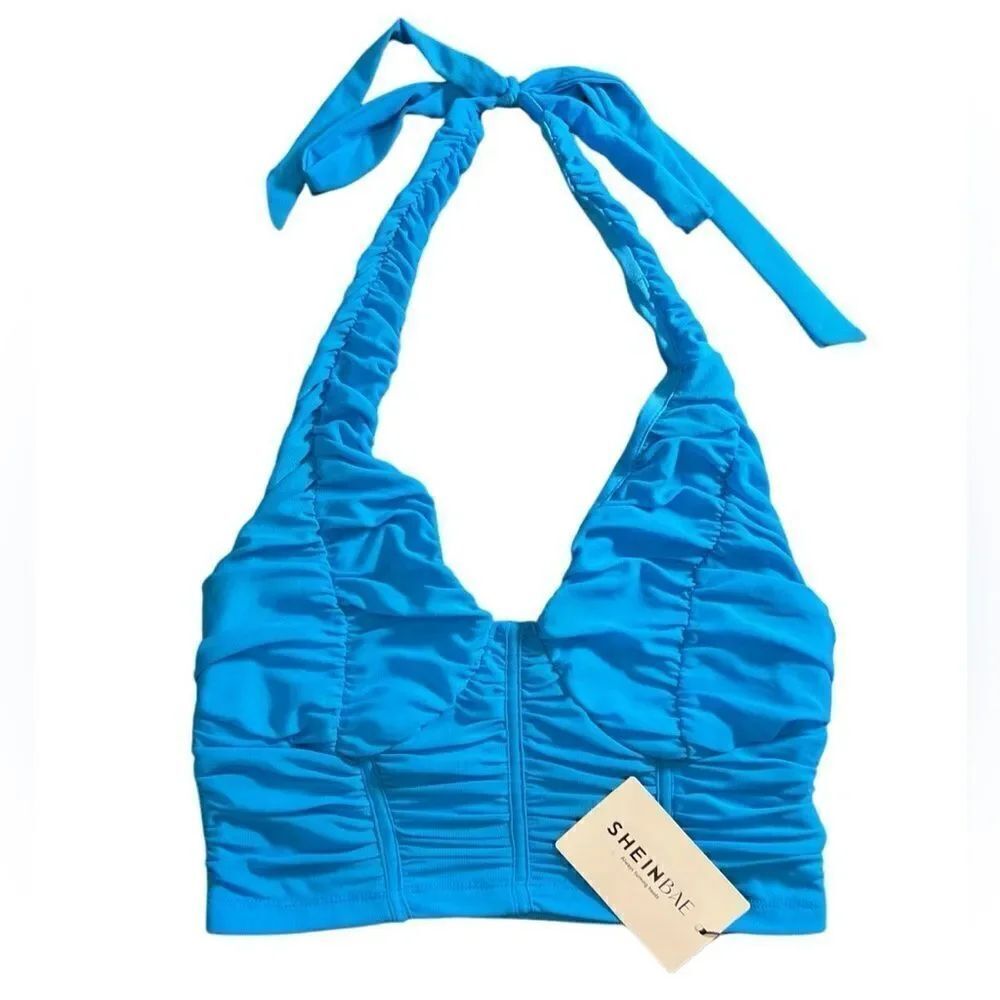 Shein halter top ruched sheer blue size 4 (small)
